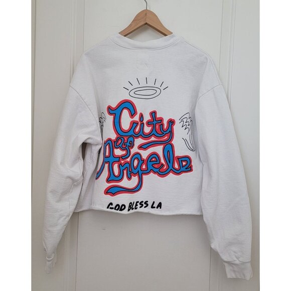 Welcome To Los Angeles Graphic White Cropped Crew Neck Sweatshirt Women's Sz L - Picture 3 of 7